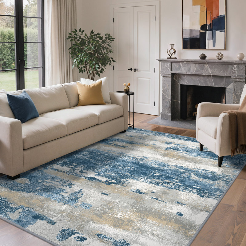  Pavelina Blue Abstract Modern Machine Washable Non-Slip Area Rug, Rectangle 6' x 9'
