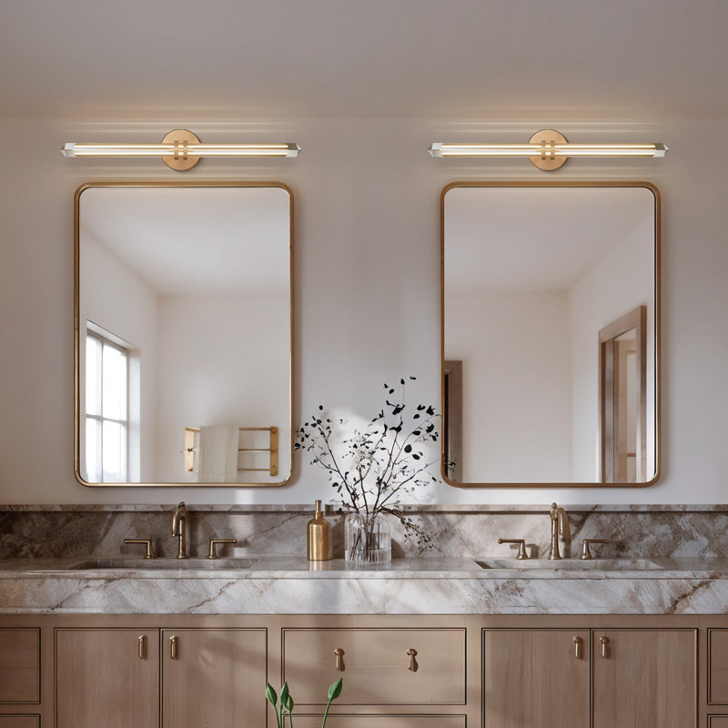 Ensemble de 2 appliques murales pour salle de bain, de style moderne, en cristal transparent et en cuivre., Bronze, 2