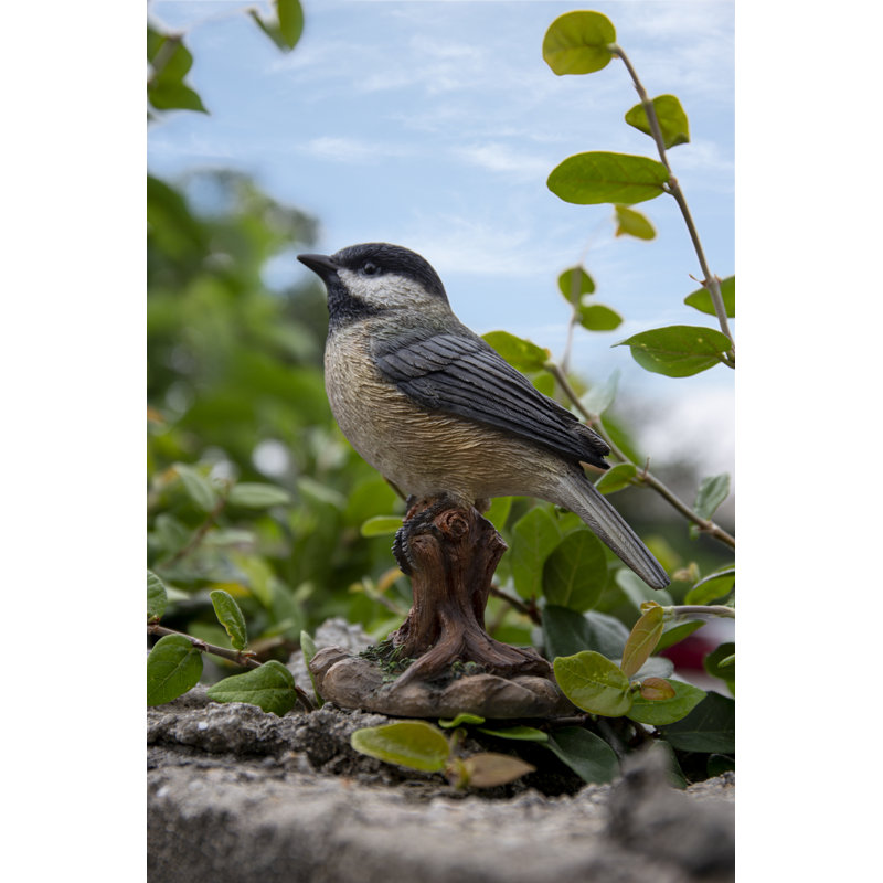 Chickadee Peeking on Stump Polyresin Garden Statue