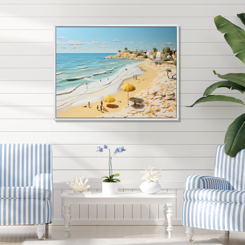 Ambre Coastal Beachside Wanderer Papercut sur toile, Cadre flottant blanc, H 12 po x l 20 po x P 1 po