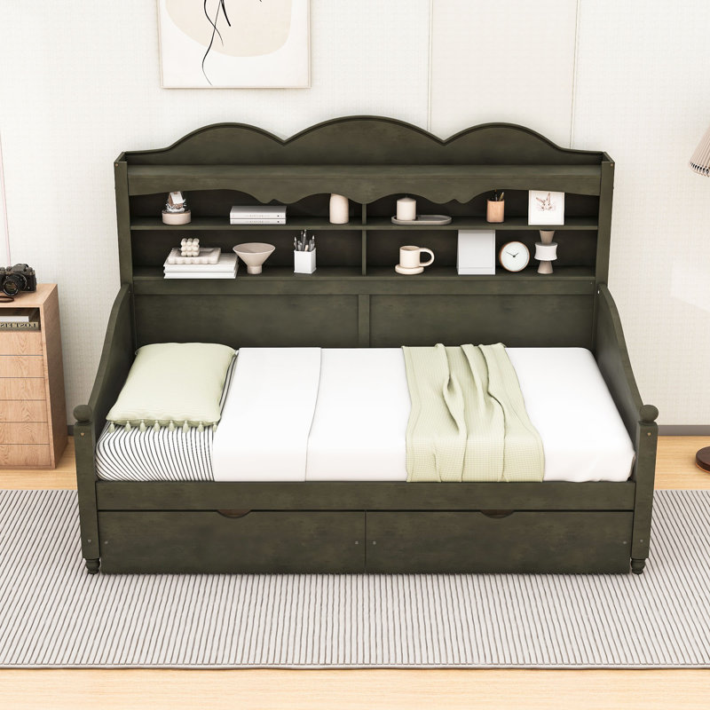 Daybed With Storage Drawers and Shelves, Antique Gray