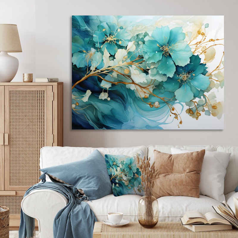Madihah sarcelle or abstrait fractal mystique Mirage I - fractales, art mural, H 28 po x l 60 po, Toile tendue, Sans cadre