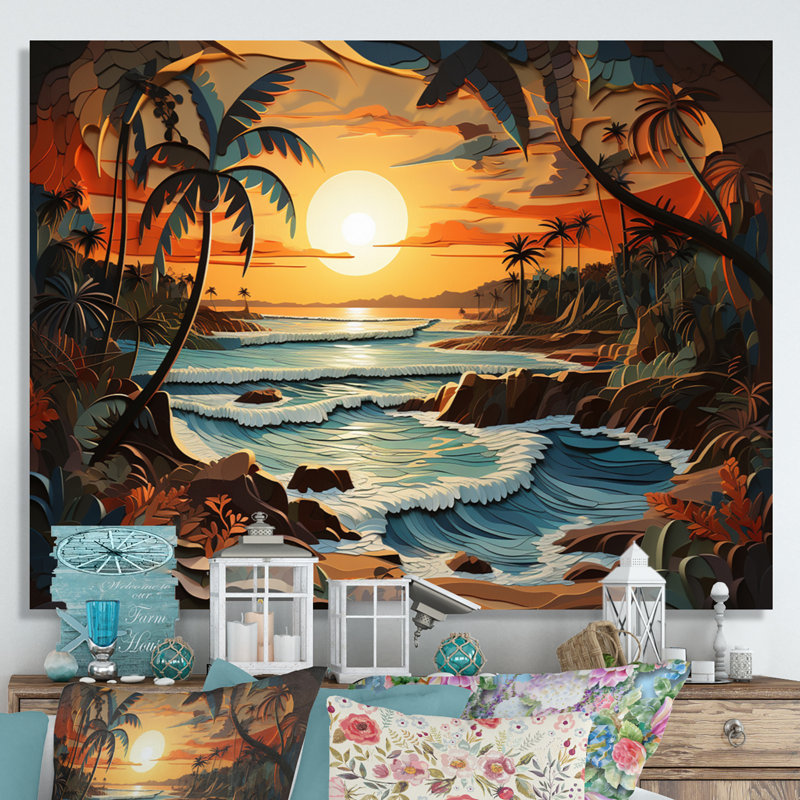 Coastal Collage At Sunset I - Décoration murale moderne, H 12 po x l 20 po x P 1 po, Toile tendue