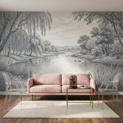 Papier peint mural paysage pastoral, scène de rivière et saules