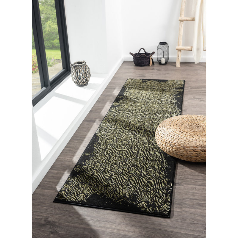 Ksamil Geometric Abstract Area Rug In Black/Gold, Runner 2'3" x 7'10" 