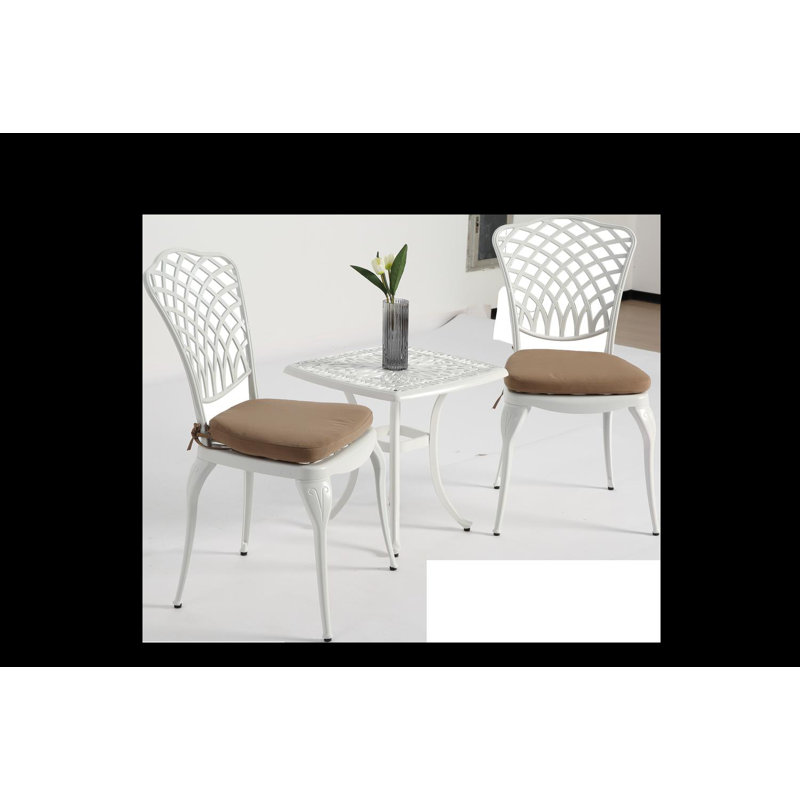 2 Person Aluminium Patio Bistro Set Table And 2 Chairs With Seat Cushions, White