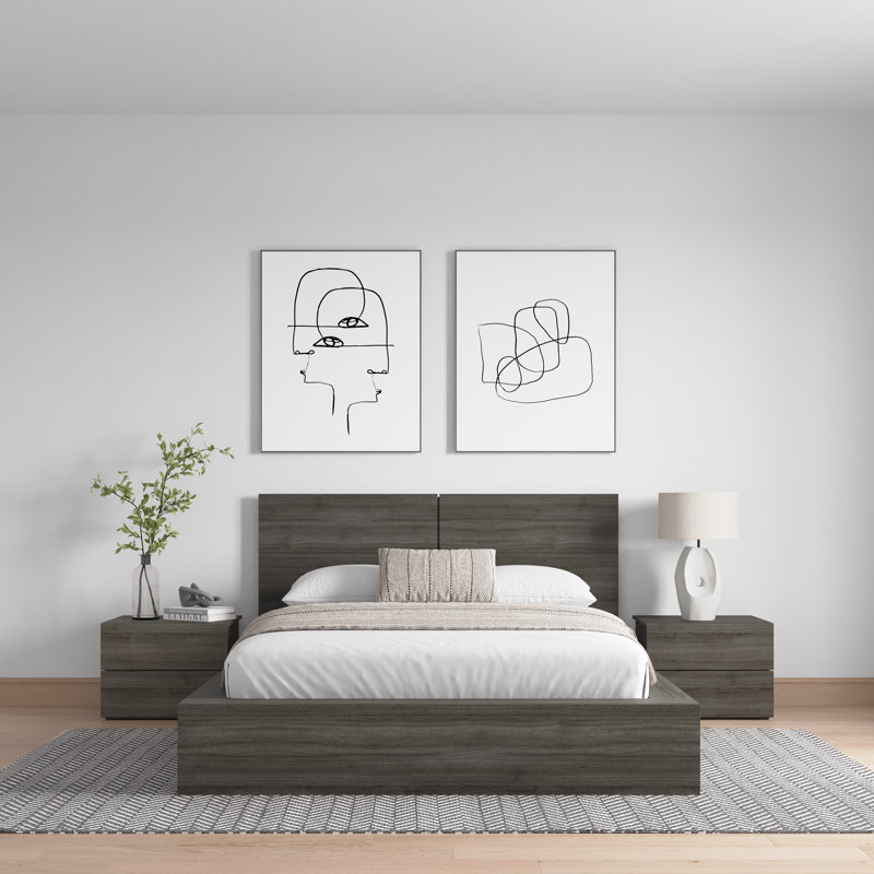 Antonnio 3 Piece Bedroom Set with Bed and 2 Nightstands, Queen, Gray