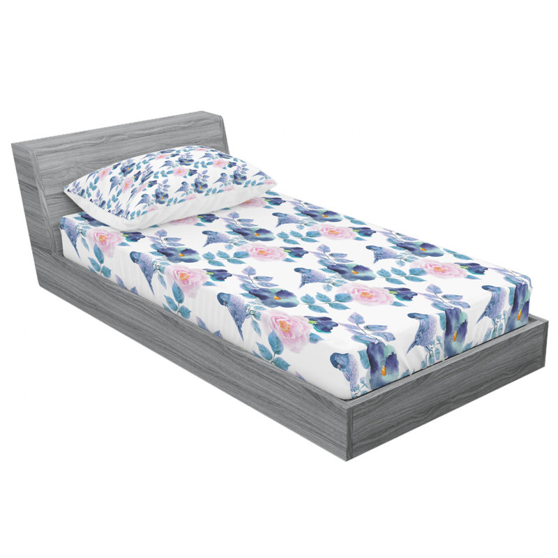 Microfiber Sheet Set, Twin Sheet Set with Fitted Sheet, Spring Birds Sparrows with Branches Floral