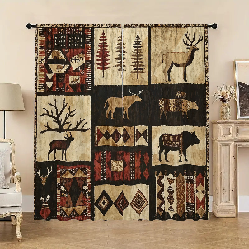 2Pcs Rustic Wildlife Curtains with Elk Moose Bear Pine Tree Pattern, Lodge Cabin Style Window Drapes, Earth Tone Tapestry Design, Light Filtering Panels for Living Room Bedroom Home Decor, Rod Pocket Hanging