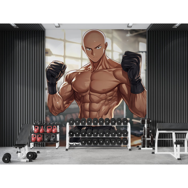 Anime Fighter Gym Wallpaper – Powerful Bald Martial Artist Wall Mural For Training Spaces, L 120 po x l 120 po