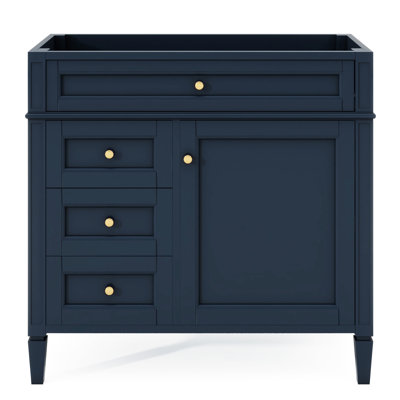 Meuble-lavabo moderne de 36 po, structure en bois massif. Sans lavabo, 2 tiroirs et tiroir basculant. Bleu. Construire. Organisateur de porte d'armoire. Meuble-lavabo spacieux et fonctionnel.