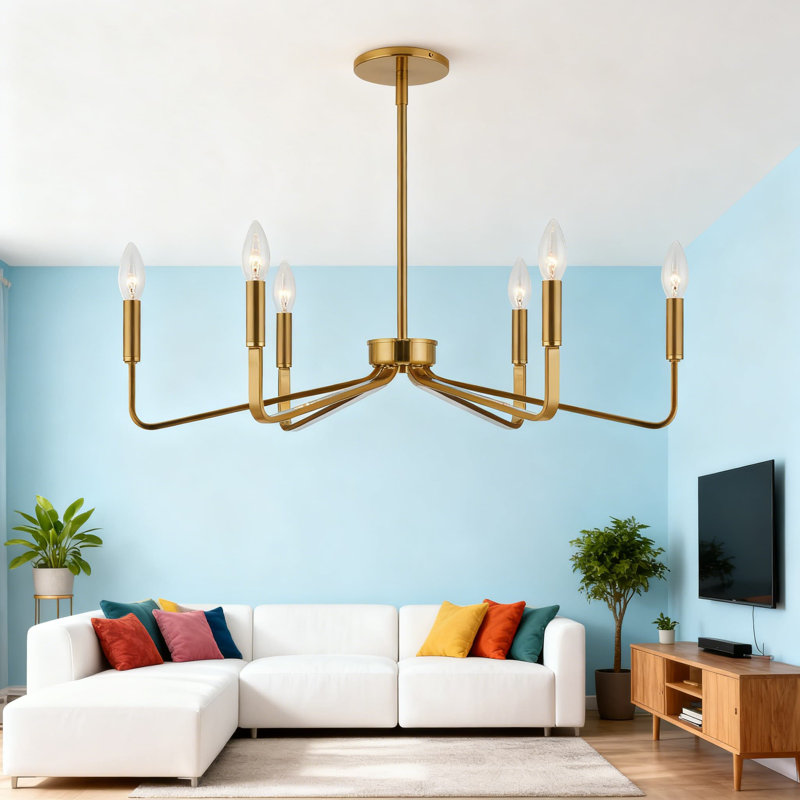 Lustre de ferme 6 lumières en or brossé - Plafonnier suspendu réglable de style bougie industrielle pour les salles à manger et les espaces de vie