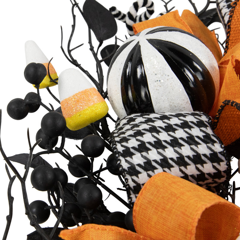 Houndstooth Bows And Candy Corn Halloween Wreath - 24"
