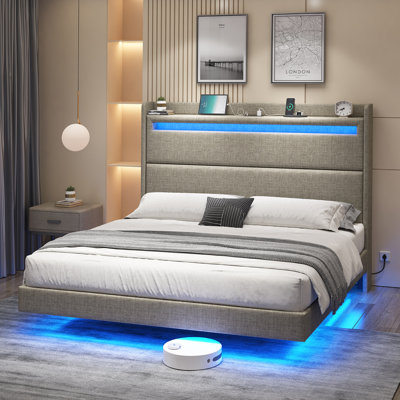 Cadre de lit flottant avec lumières DEL, lit plateforme tapissier