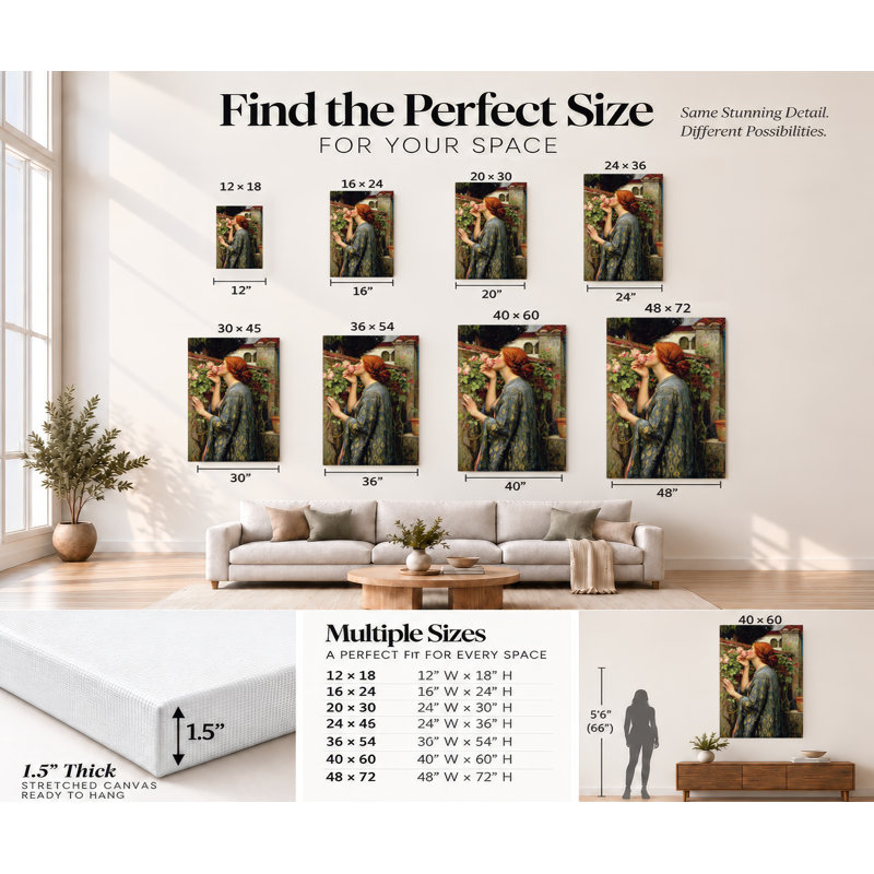 Pre-Raphaelite Woman Smelling Pink Roses Canvas Print, 60" H x 40" W