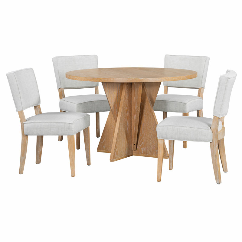 Ensemble de salle à manger 5 pièces avec base à tréteaux et 4 chaises rembourrées Moises, Naturel