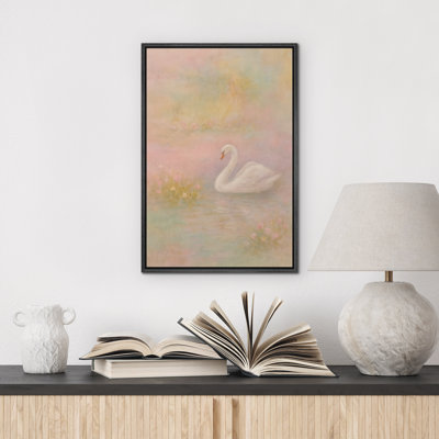 Art mural encadré de cygne blanc dans la brume pastel - scène d'oiseau d'eau romantique pour chambre à coucher ou entrée