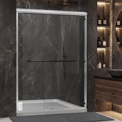 Porte de douche coulissante double à cadre 50 x 54 po x H 72 po avec verre de douche et deux porte-serviettes, verre trempé épais de 1/4 po (6 mm) de qualité supérieure, argent