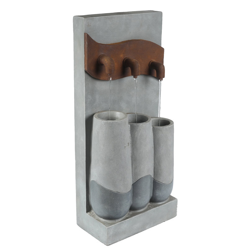 35.6'' Outdoor Polyresin Wall Fountain with Lights, Modern Tiered Water Feature