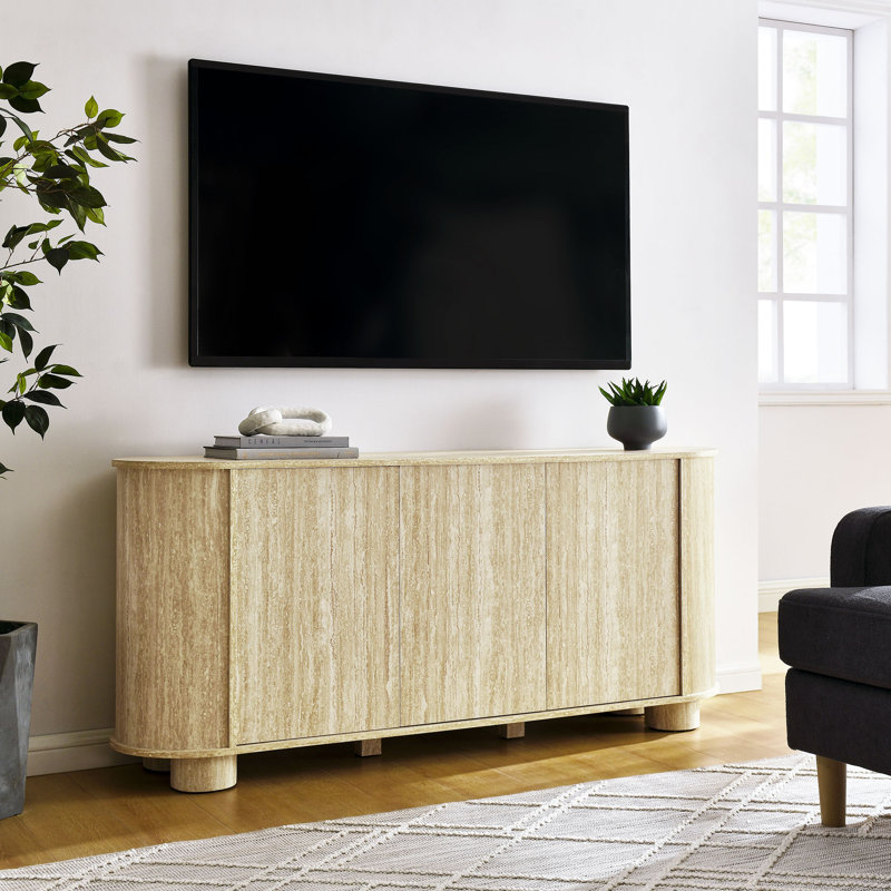 Overture 63” Oval Faux Travertine Sideboard In Travertine