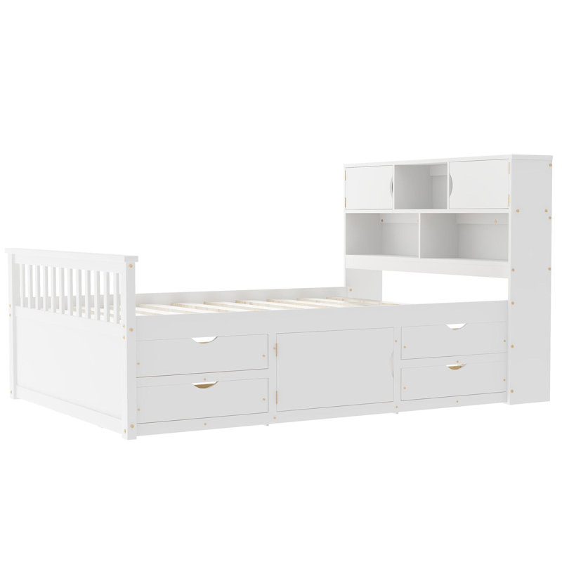 Platform Bed Frame with Storage Bookshelves and Shelves, White