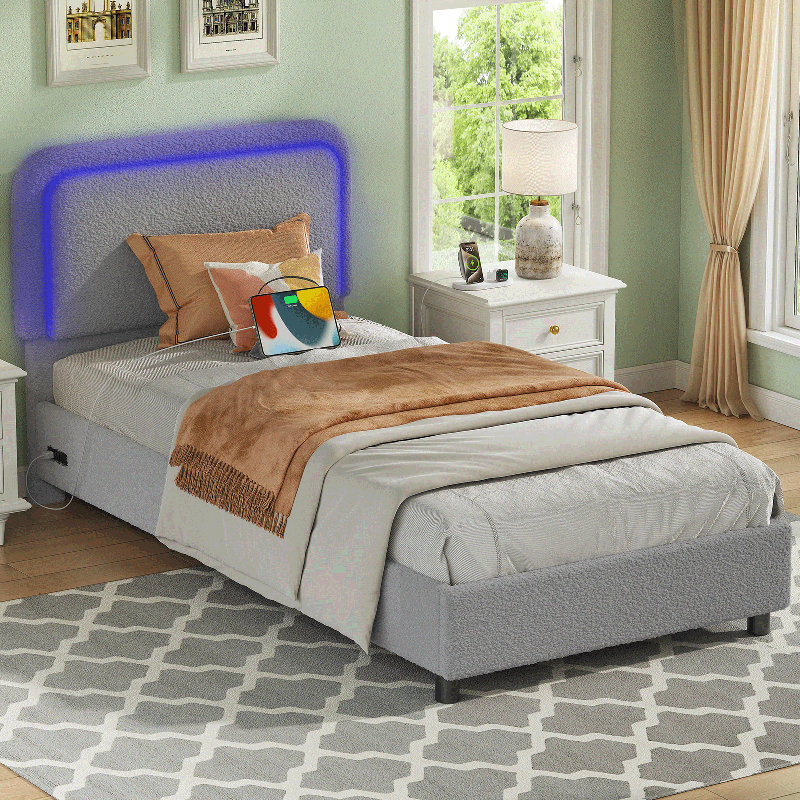 Bed Frame, Adjustable Rounded Corners Headboard with LED Lights, Upholstered Bed Frame with Charging Station, No Box Spring Required, Easy Assembly,