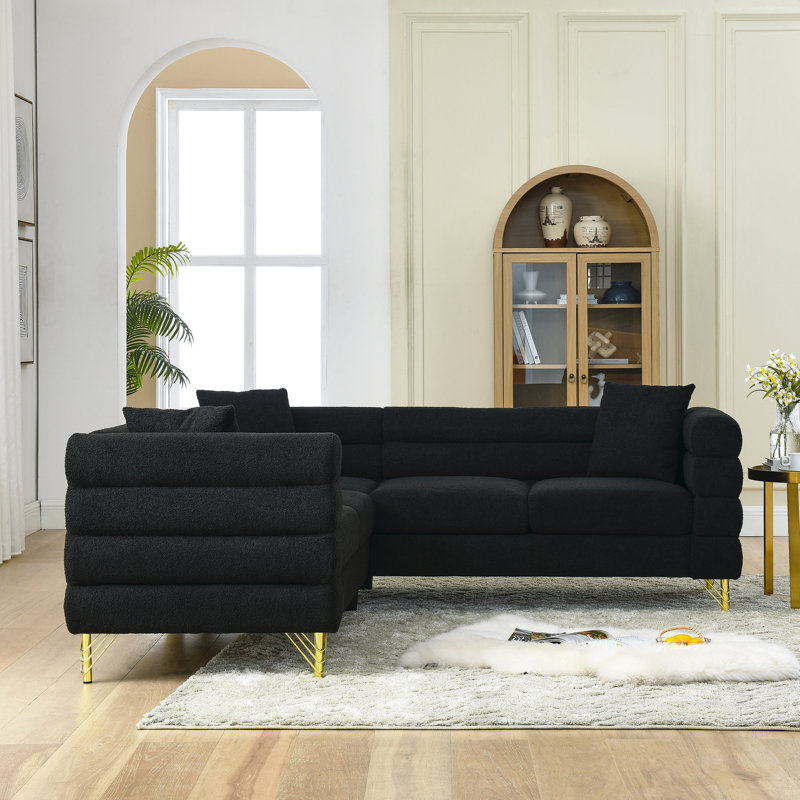 Canapé modulaire en L de 81,5 pouces, 5 coins pour différents espaces. Conception moderne et épurée avec des formes légèrement incurvées et des pieds métalliques. Structure en bois massif durable. 3 coussins. 250 lb par