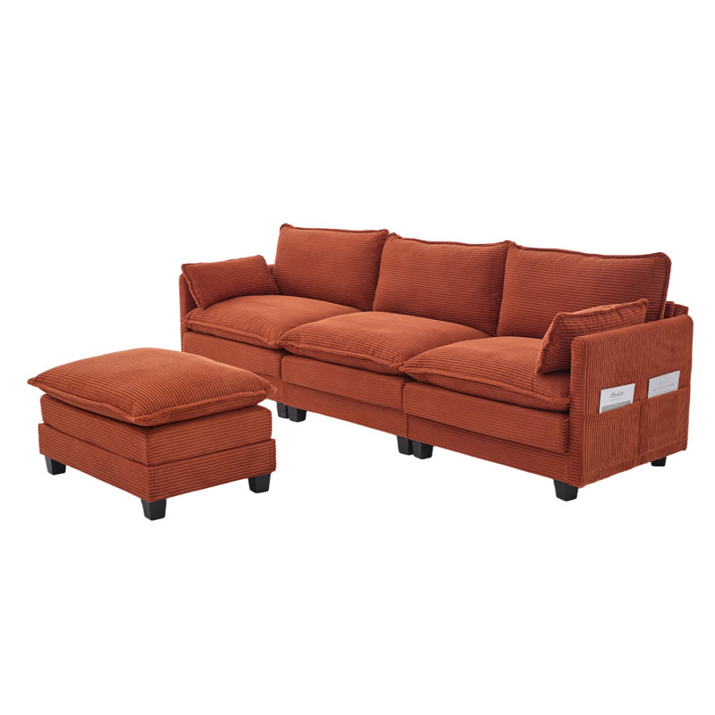 103” Comfy Cloud Couch Sectional Sofa With Storage, Orange Corduroy