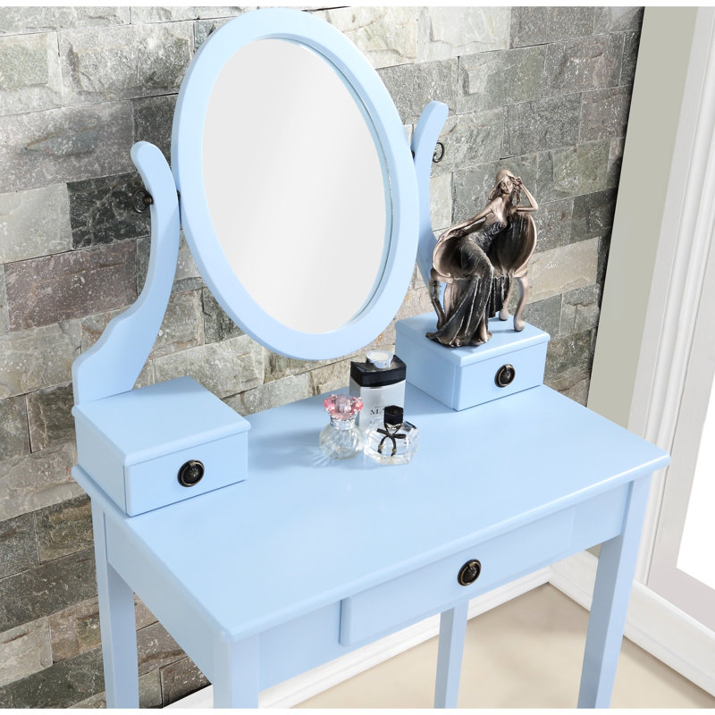 Coiffeuse et table de maquillage bleu - 3 tiroirs de rangement, miroir réglable, tiroir ovale en bois, Bleu