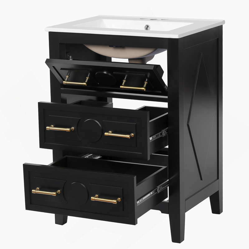Ensemble de meuble-lavabo sur pied 24 po avec lavabo en céramique, ensemble de meuble-lavabo simple autoportant avec 3 tiroirs et cadre en bois massif