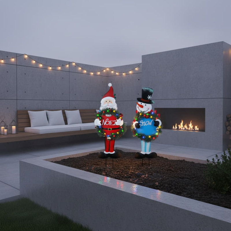 2Pcs 30" Lighted Christmas Metal Stakes - Santa & Snowman, Battery-Powered Outdoor Decor
