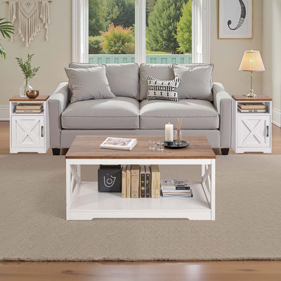 3 Piece Farmhouse Coffee Table Set 40 in with 2 End Table for Living Room