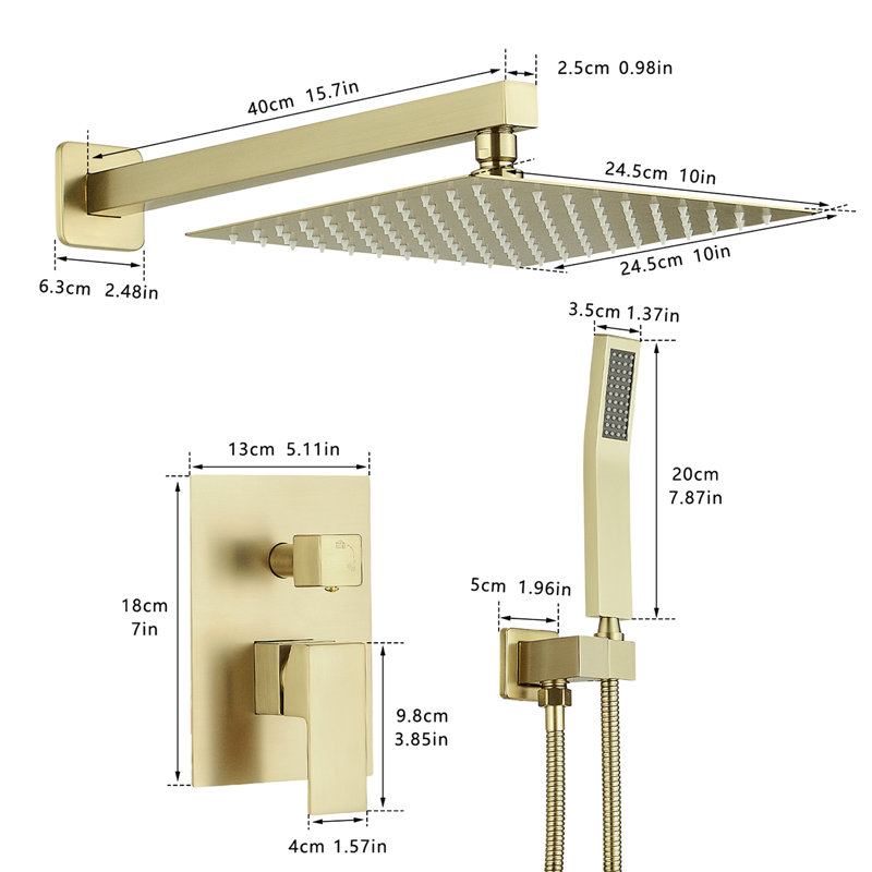 Système de douche mural contemporain à pluie en or brossé 10 pouces, salle de bain luxueuse avec douche à main, robinet géométrique, valve à cartouche, poignée manuelle moderne, escamotable, une poignée,