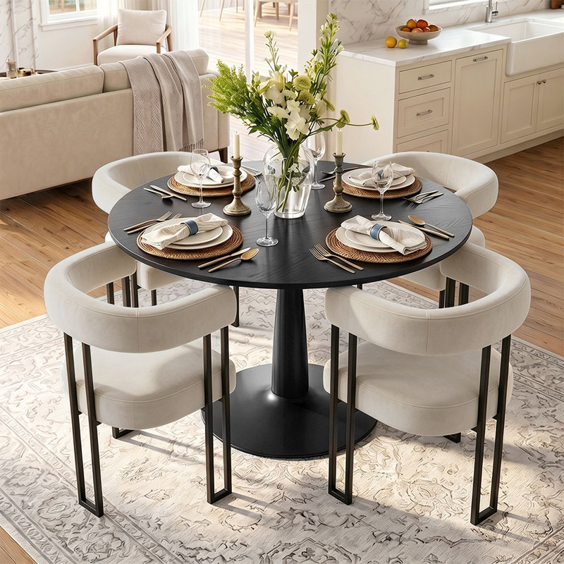 Ensemble de table de salle à manger pour 4 personnes avec table ronde et 4 chaises rembourrées en velours, Beige