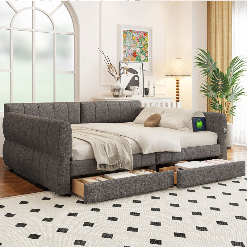 Queen Size Upholstered Platform Bed with USB and 2 Drawers, Gray