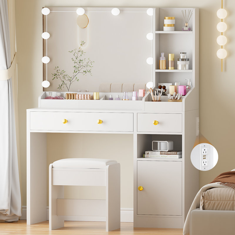 Makeup Vanity Set With Built-in Outlets And Lighted Mirror