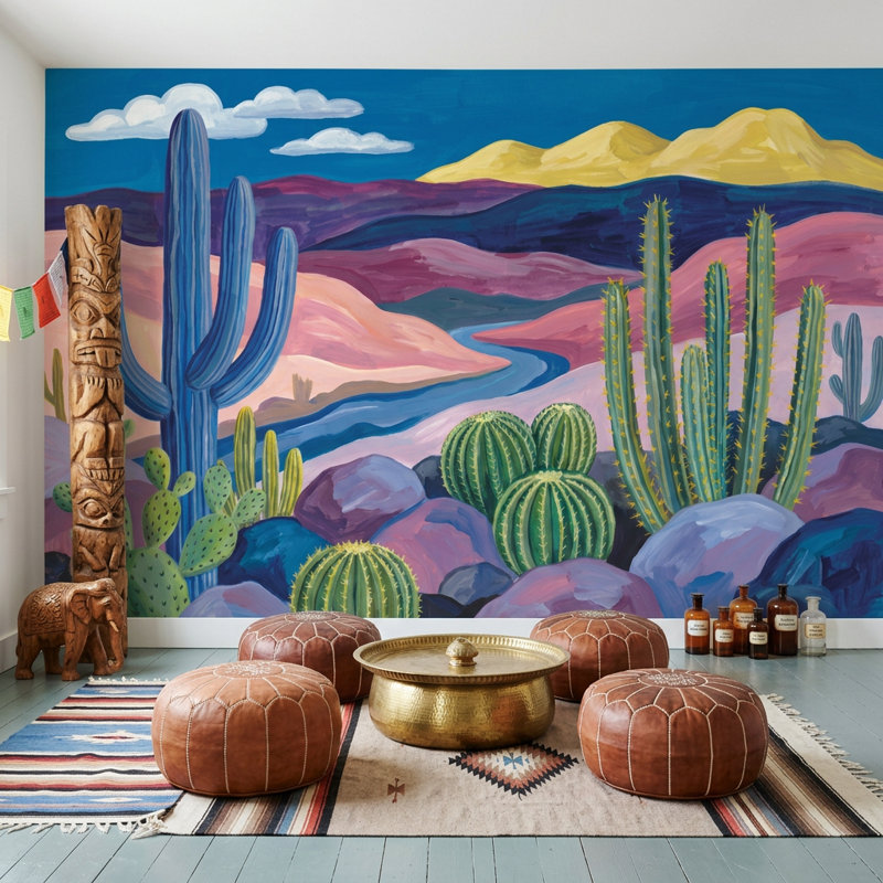 Papier peint paysage désertique Cactus, 100 po x 96 po, Texturé non collé