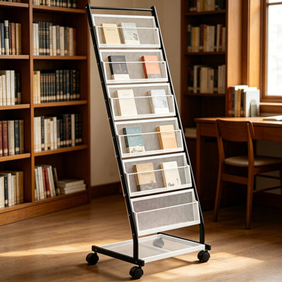 Freestanding Rolling Magazine Display Rack, Vertical Metal Mesh Literature Organizer with Lockable Wheels, Multi-Slot Floor Standing Book Catalog Storage Stand for Living Room Sunroom Office Decor 