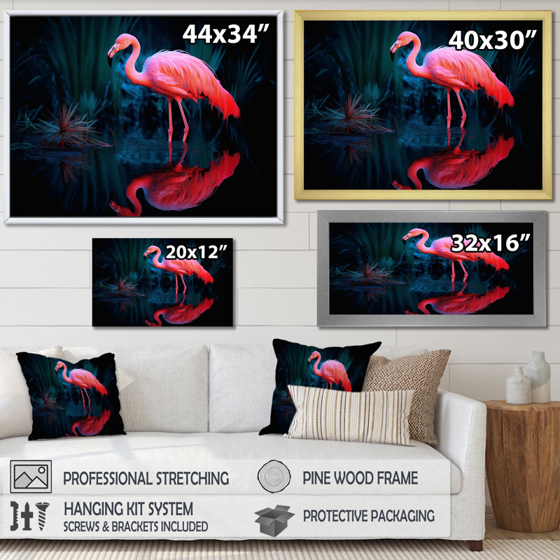 «Pink Flamingo Paradise II», reproduction sur toile, Cadre flottant doré, H 16 po x l 32 po