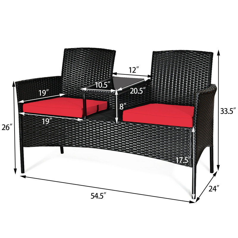 Ensemble de conversation d'extérieur en rotin de 54,5 po de large avec table, Rouge