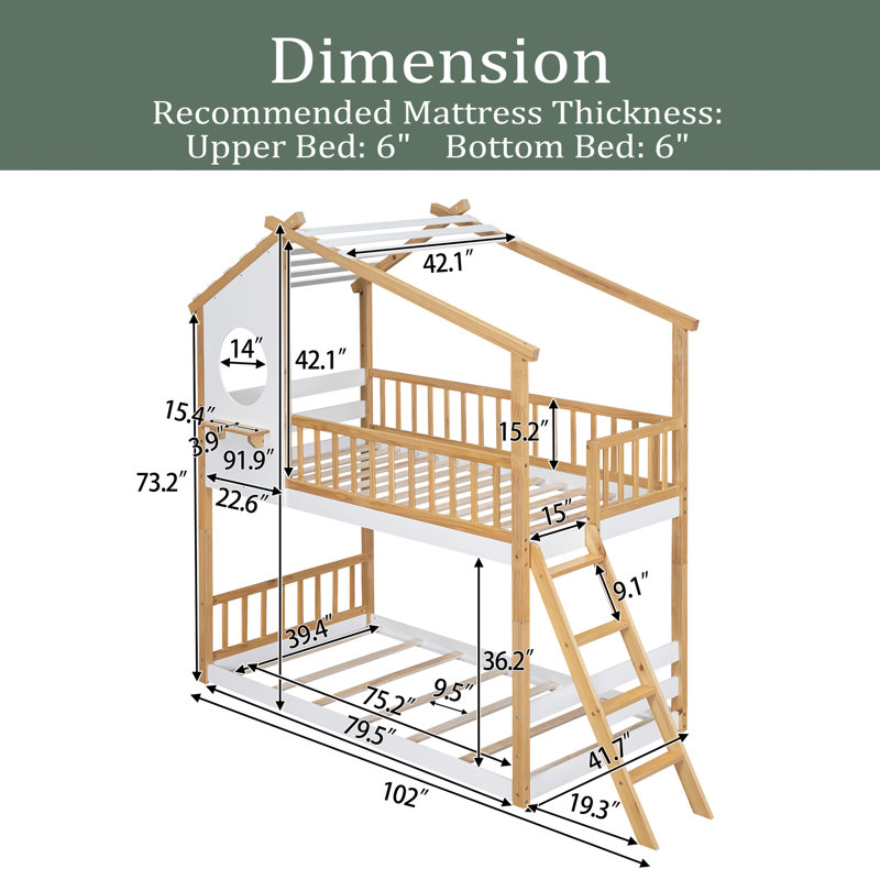 Lit superposé simple au-dessus d'un lit simple en bois avec toit, fenêtre et échelle