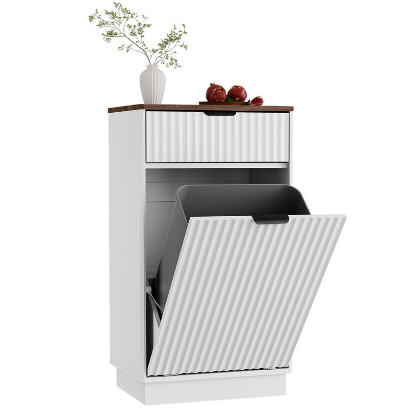 Tilt-Out 10 Gallon Trash Can Cabinet & Laundry Hamper with Drawer,Wave Texture Wood Front