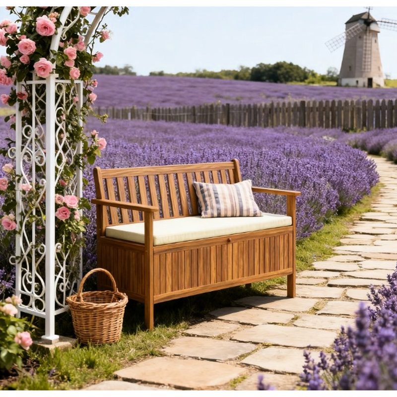 Banc de jardin avec rangement dissimulé et assise confortable - Finition en bois, coussin d'assise inclus, assemblage requis. Compartiment de jardin amovible. Banc d'extérieur, couleur blanc crème.