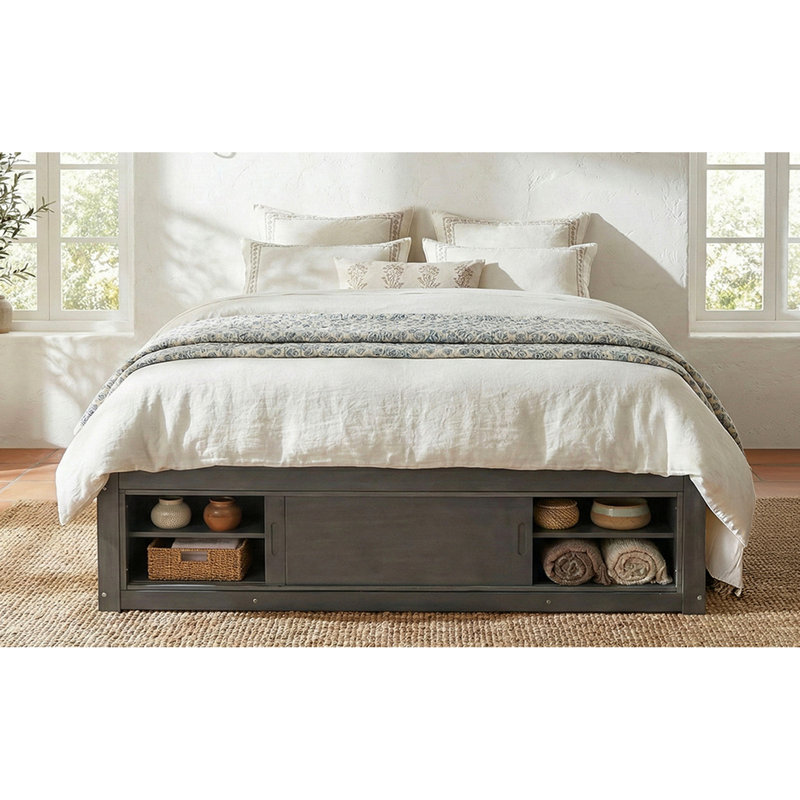 Queen Size Bed With Built-In Storage, Modern Style, And Pinewood, Space-Conscious Bedroom Solution Frame, , Space, Material, Suitable For Small Apartment Bedrooms