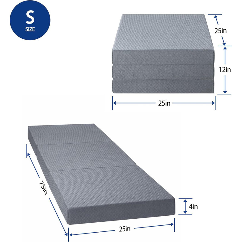 Tri-Folding Memory Foam Mattress Topper, 4 Inch Gel Folding Mattress For Camping, Foldable Guest Bed, Washable Cover, Certipur-US Certified, Soft, Grey, Single Size