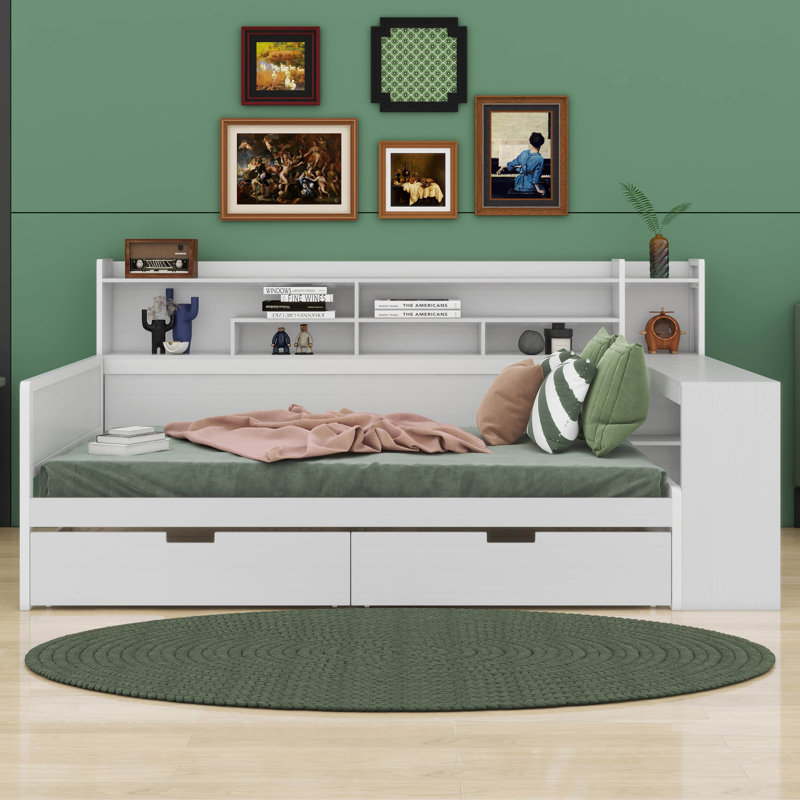 Vrishin Wooden Full Size Multi-functional Bed with Two Storage Drawers and Study Desk, Antique White