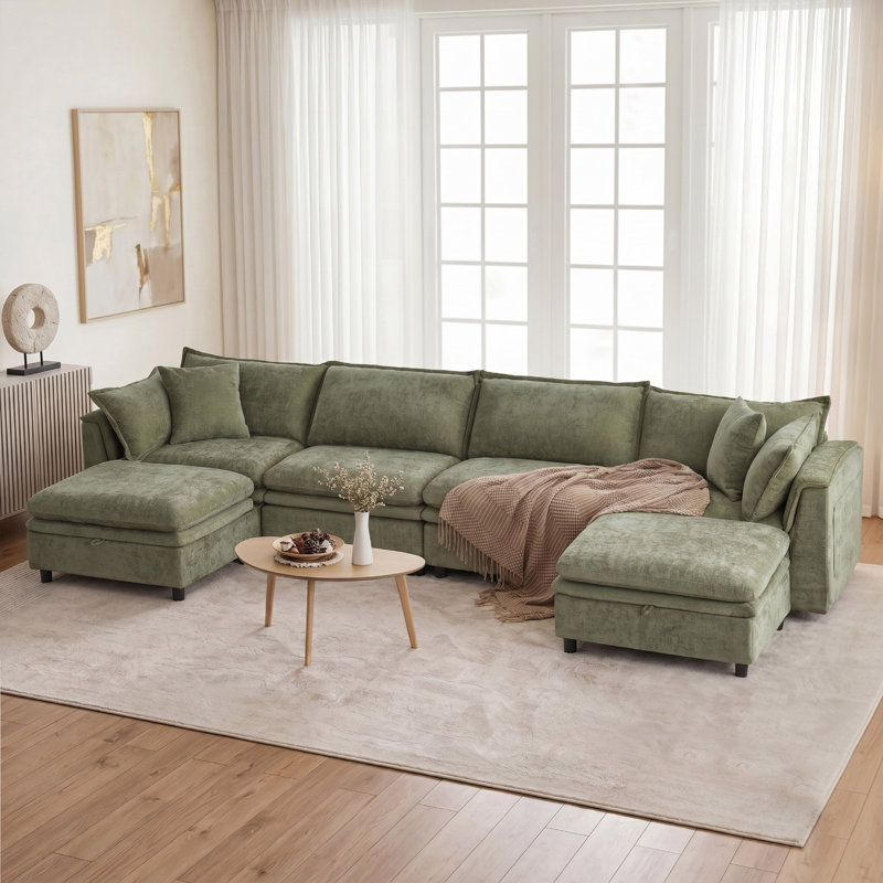 146'' Upholstered U-Shape Sectional Cloud Couch With Storage Ottoman, Avocado Green Chenille