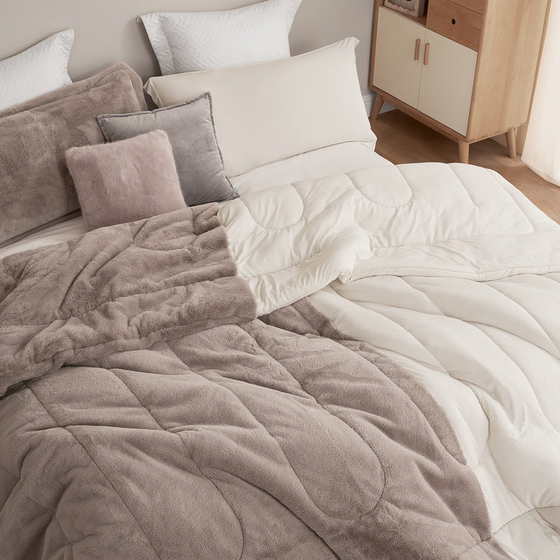 Coma Inducer Opposites Attract Plush Brown Bear + Cooling Beige Cream Oversized Comforter Set