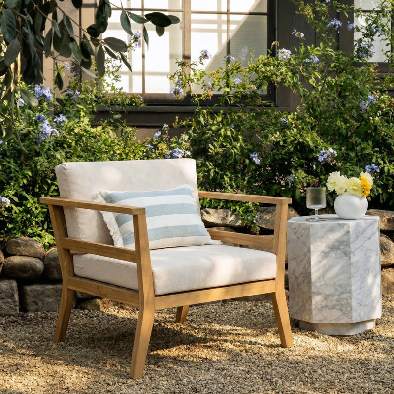 Echo Patio Acacia Wood Lounge Chair With Cushions & Armrests