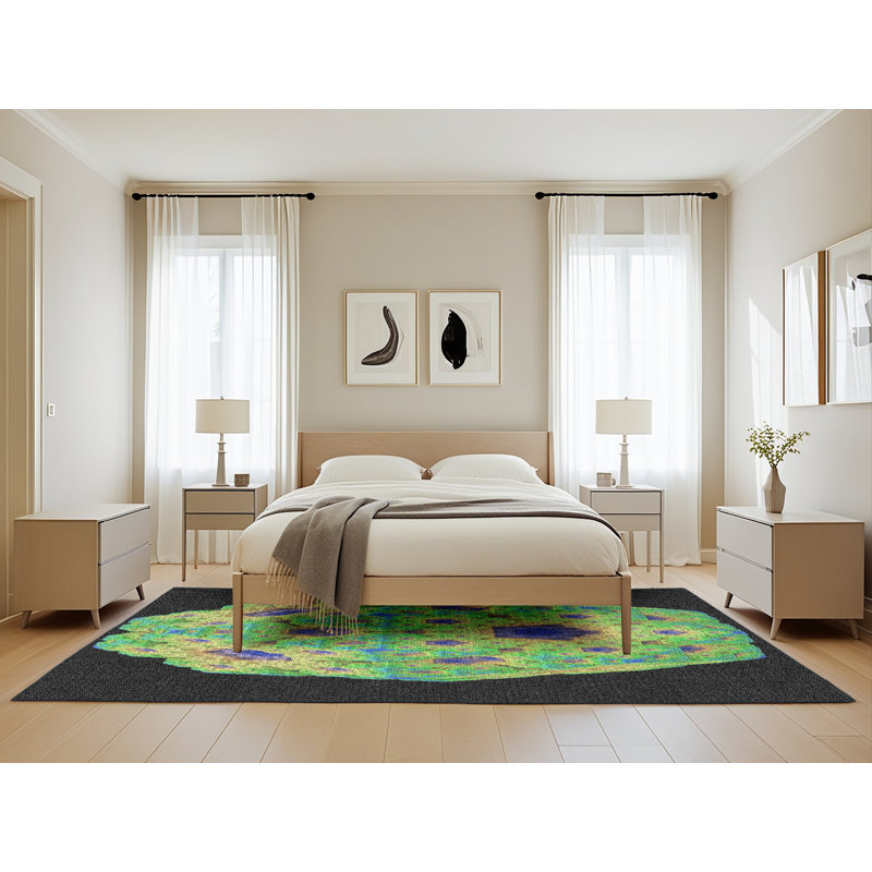 Tapis vert/bleu/noir de zone à motifs, Rectangle 5 pi x 8 pi